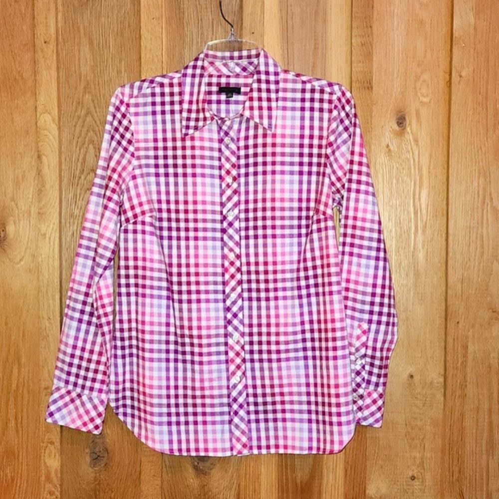 Talbots Long Sleeve Button Down 100% Cotton Shirt, XS, Pink White & Purple Plaid